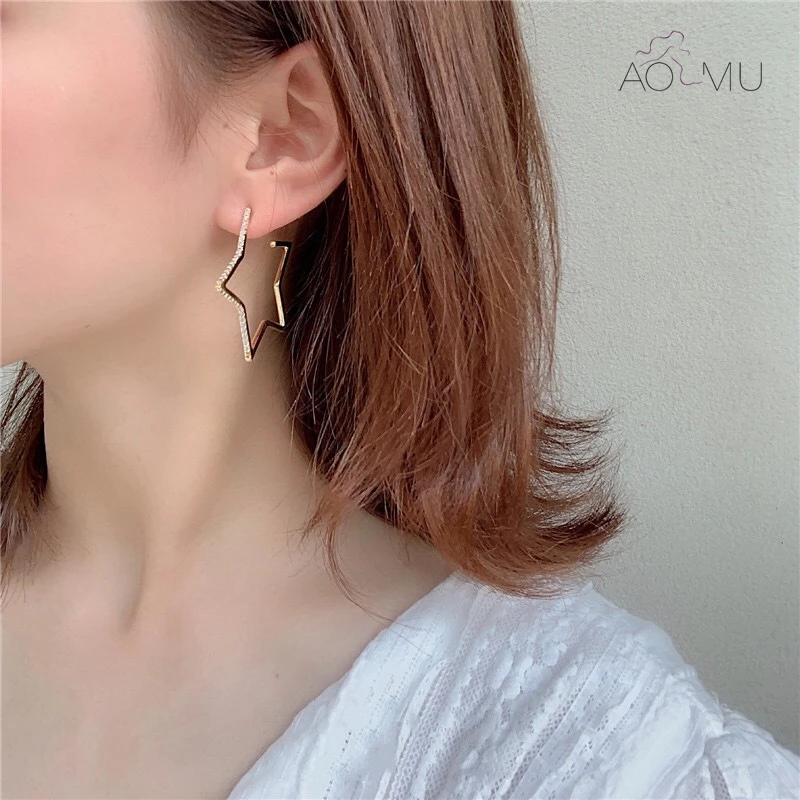 AOMU, новинка, корейский металл, золото, матовая полая пентаграмма, звезда, стразы, петля, серьги-кольца для женщин, подарки, вечерние, свадебные ювелирные изделия
