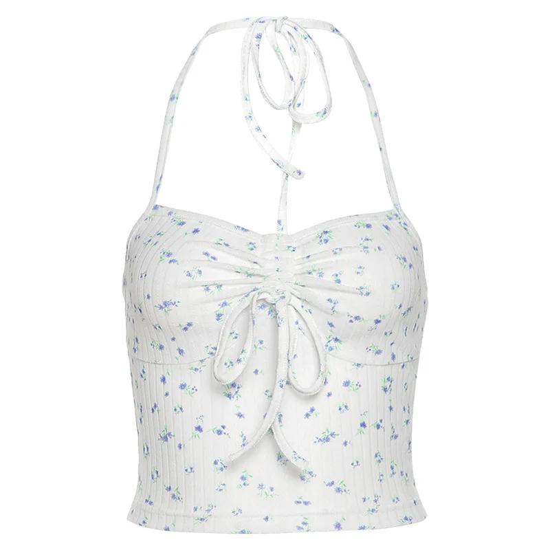 

Eversea Neck Vest Women Summer Lady Floral Printed Front Bow Tie Design Fit Body Backless Crop
