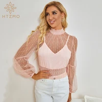 htzmo sexy blouses women mesh polka dot casual tops lantern sleeve pleated turtleneck blusas club streetwear fashion top 2021
