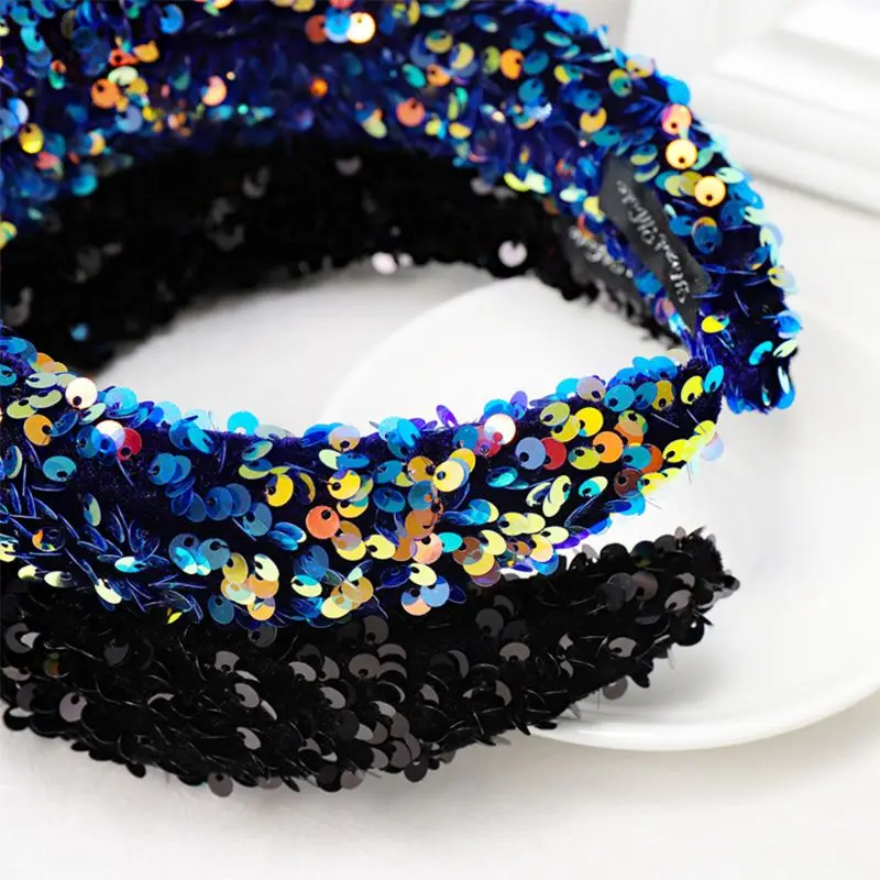 Women Girl Glitter Sequins Wide Headband Reflective Colorful Sponge Padded Hair Hoop Dance Party Styling Thick Boutique Headwear | Красота и