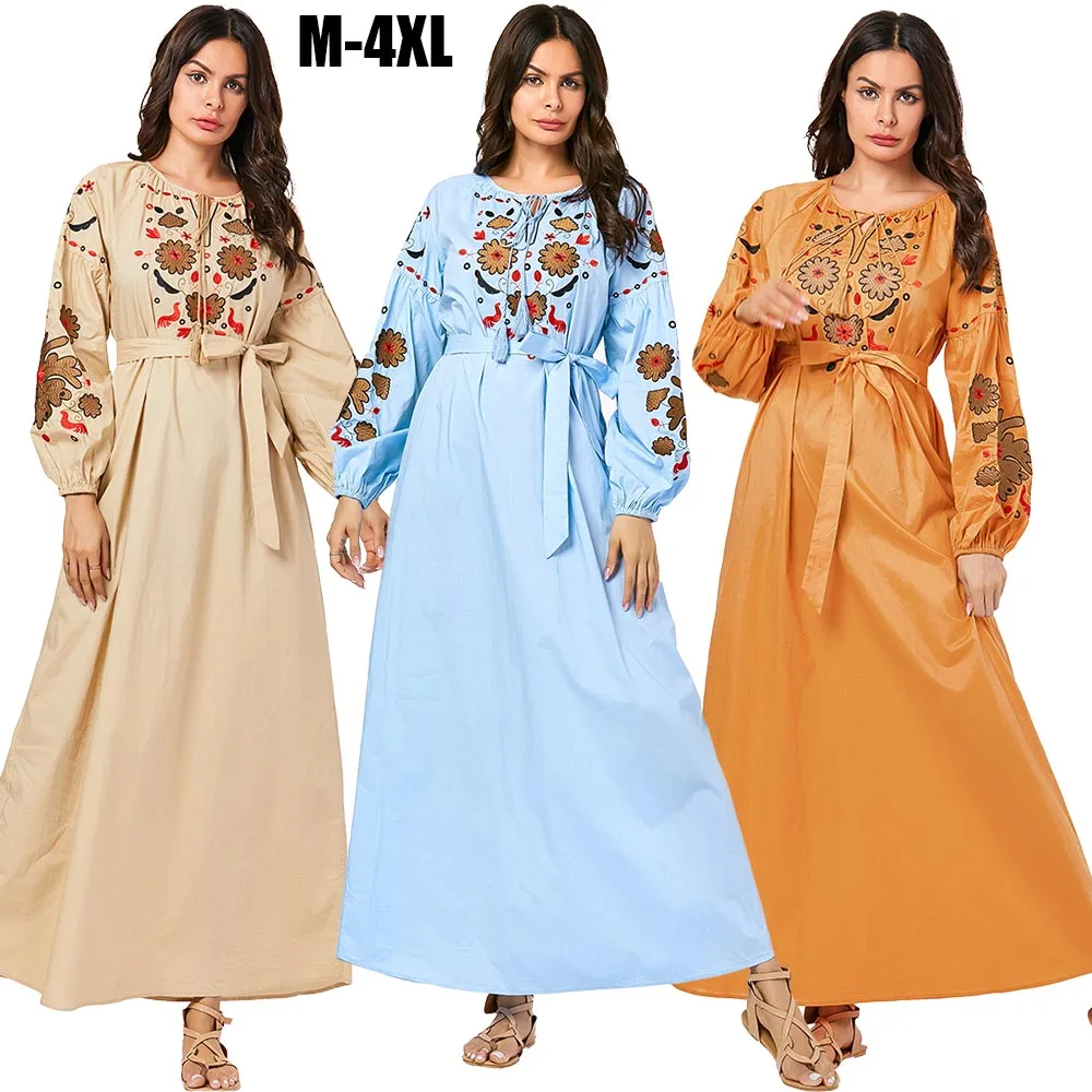 

BNSQ Women Floral Embroidery Dress Long Maxi Abaya Pakistani Kaftan Ramadan Clothes Turkey Indonesia Oman Caftan Muslim dresses