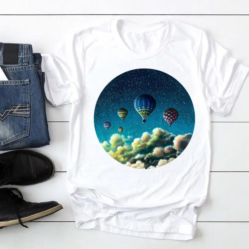 

Женская футболка с коротким рукавом для путешествий горячий воздушный шар Модный летний костюм с изображением из мультфильмов Графический...