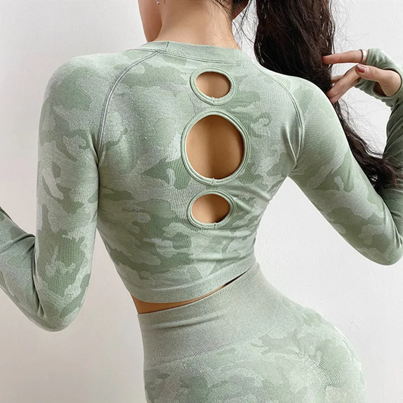 Топ женский Камуфляжный бесшовный с длинным рукавом для занятий йогой|Рубашки