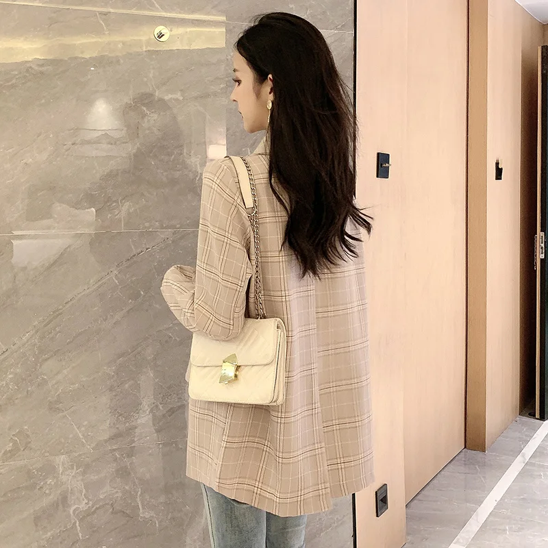 Женский клетчатый пиджак с карманами повседневный свободный офисный в Корейском
