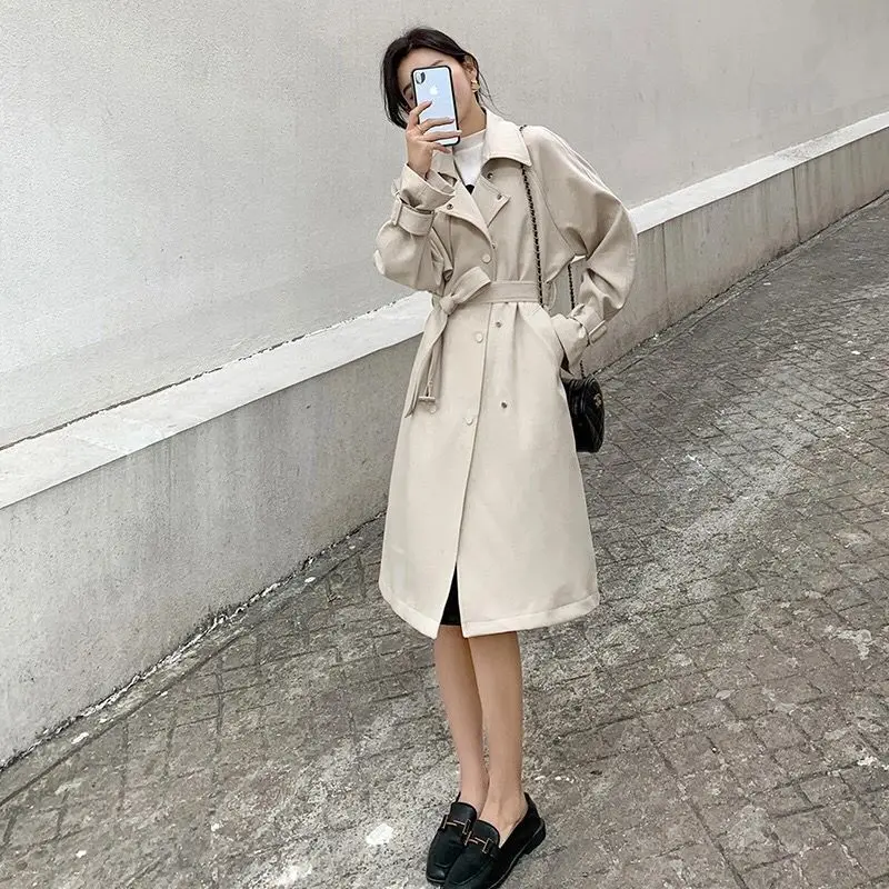 

FTLZZ New Spring Autumn Casual Women Turn-down Collar Single Breasted Trench Office Ladies Beige and Blue Long Trench with Belt
