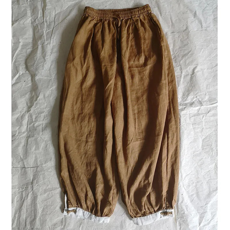 SCUWLINEN Vintage Trousers Women 2021 Casual All-match Solid Elastic Waist Plate Button Slim Ankle-length Linen Harem Pant P342