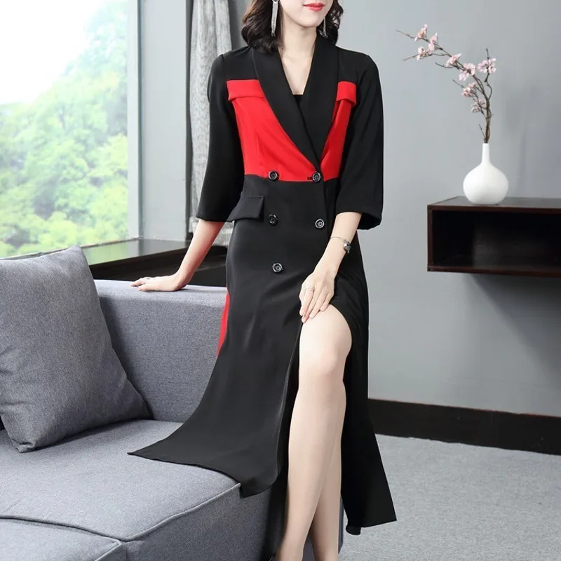 

Лидирующий бренд, элегантные двубортные Женские трапециевидные облегающие платья средней длины с рукавом три четверти