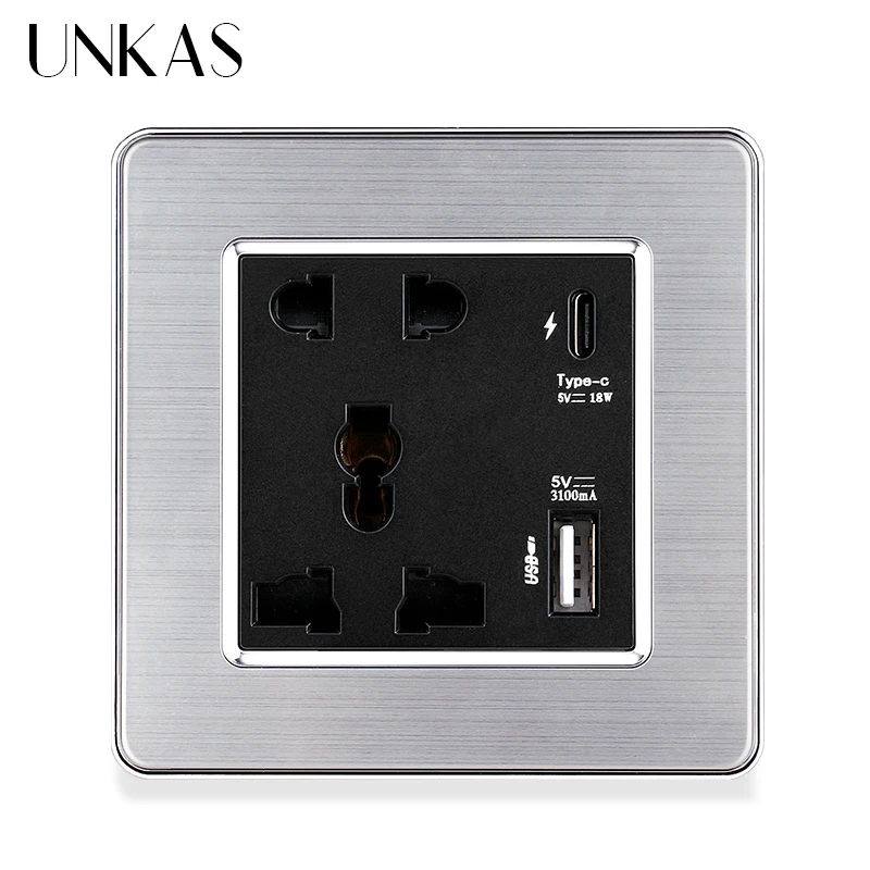 UNKAS Type-C USB Port Universal 5 Hole Pin Socket Stainless Steel Aluminum Acrylic Panel 3100mA Smart Quick Charge Outlet | Обустройство