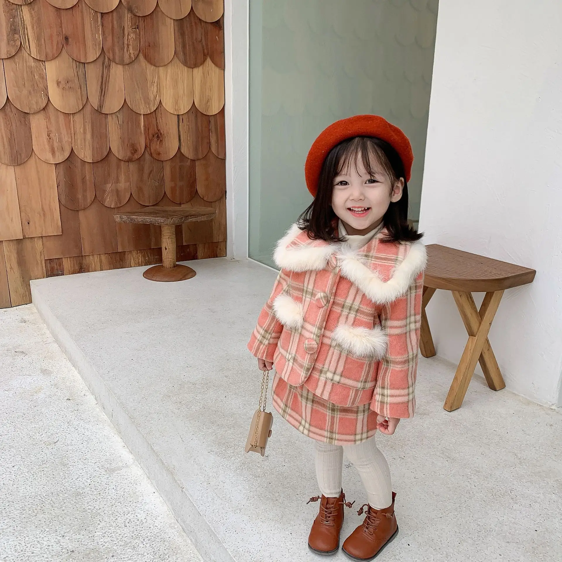 

2020 Autumn Winter Girls Set Plaid Jacket + Skirt Sweet Toddler Kids Clothing Set