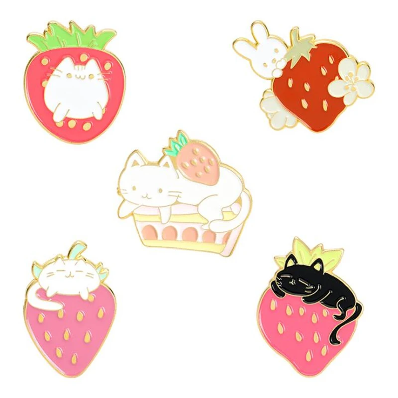 

Strawberry Enamel Badges Lapel Pins Women's Brooch For Backpack Cute Cat Anime Badges Hijab Pins Vintage Brooches Accessories