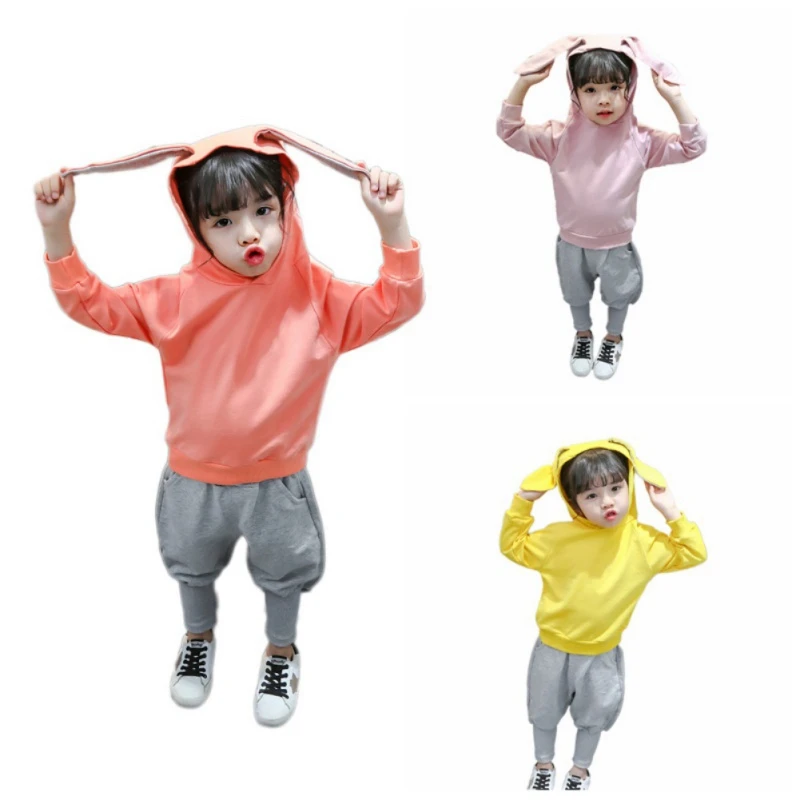 Осенняя толстовка с длинными рукавами и заячьими ушками для маленьких девочек