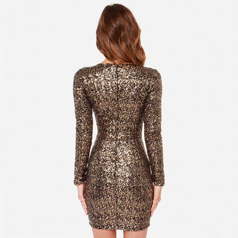 Роскошный футляр с длинными рукавами мини золотыми блестками Вечерние платье