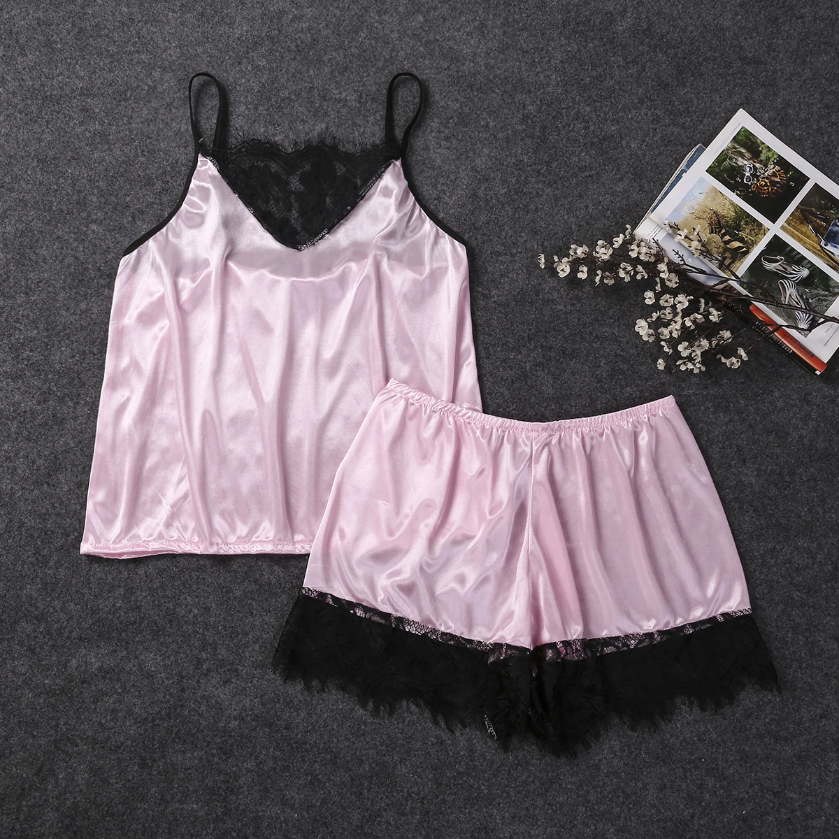 

Women Silk Satin Pajamas Set Sleeveless Lace Top Sleepwear Shorts Babydoll Nightwear Lingerie Homewear