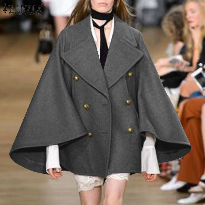 

Осеннее пальто ZANZEA с широким длинным рукавом, повседневный однотонный Тренч, Женская Вечерние чная верхняя одежда, пончо, зимняя винтажная ...