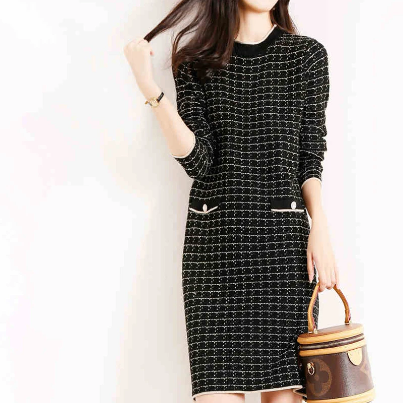 

Women's Autumn Winter O-neck Plaid Sweater Dress Female Mid-length Long Sleeve Y2k Elegant Party Knitted Dresses