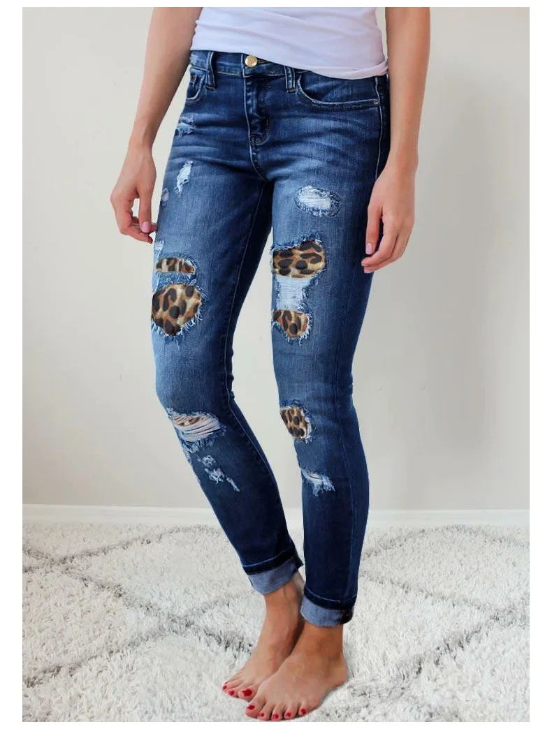 

2021 European and American Street Trousers Slim Solid Color Slimming Leopard Print Ripped Stretch Women's Jeans Women's Trousers