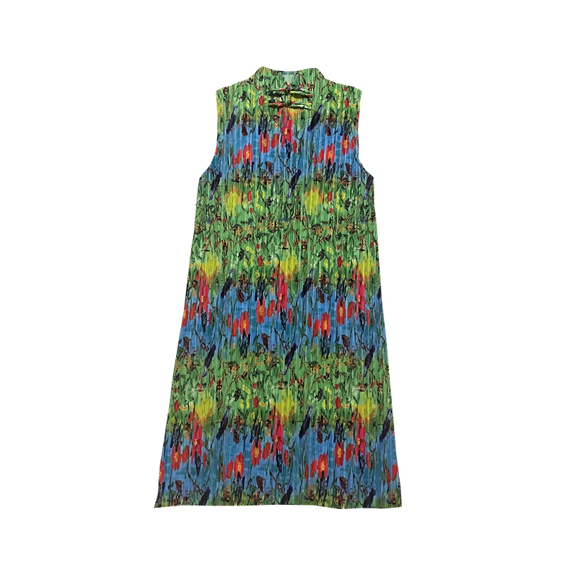 

2021 summer new style Chinese style improved cheongsam dress Miyak fold Women's cyberpunk vintage print pleated sleeveless dress