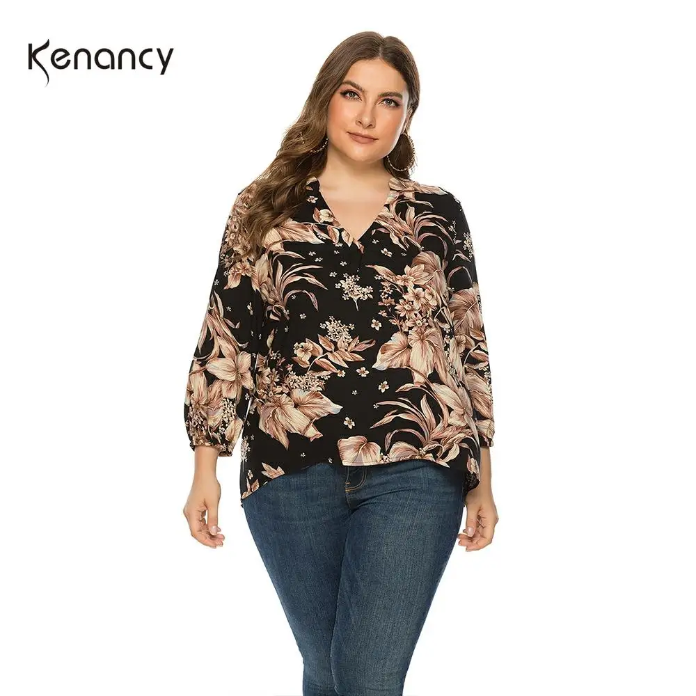 Женские повседневные топы с цветочным принтом Kenancy Осенние Блузы v образным