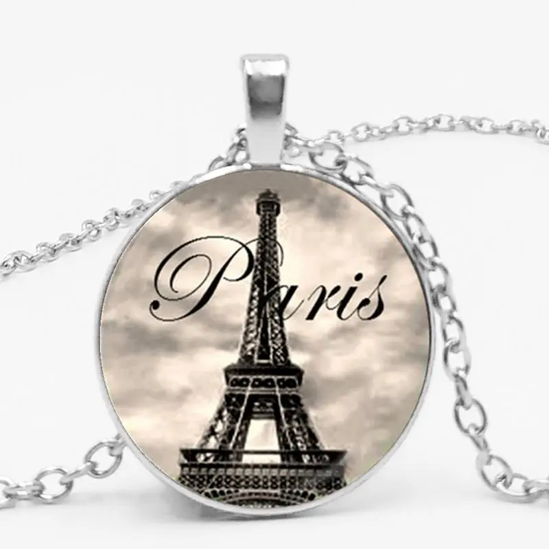 

Fashion Vintage Paris Eiffel Tower Glass Gems Necklace Convex Pendant Flowers Music Men's and Women's Jewelry