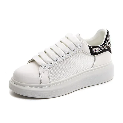 

cowhide shoes spring white Thick-soled board shoes thin breathable net gauze leisure single shoes in summer walking shoes