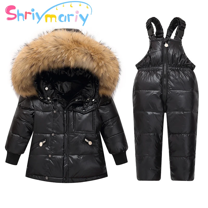 

2021 Russia Winter Overalls Jackets for Girls Snowsuits Jumpsuits Parka Boy Fur Hooded Waterproof Outerwear Children Clothing