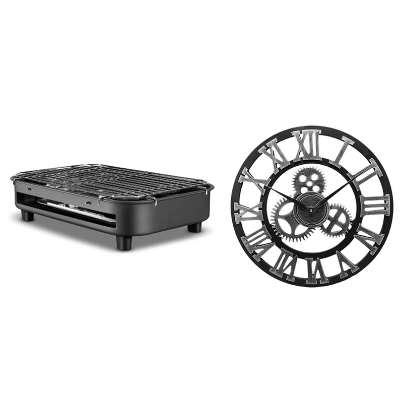 

1 Set Household Smokeless Teppanyaki Barbecue Grill EU Plug & 1Pcs Industrial Gear Wall Clock(Without Battery), Silver Retail