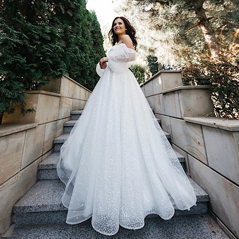 Elegant Wedding Dresses A-Line Sweetheart Puff Sleeves Tulle Snow Net Floor-length Lace Up Sashes Bridal Gowns Vestido De Novia