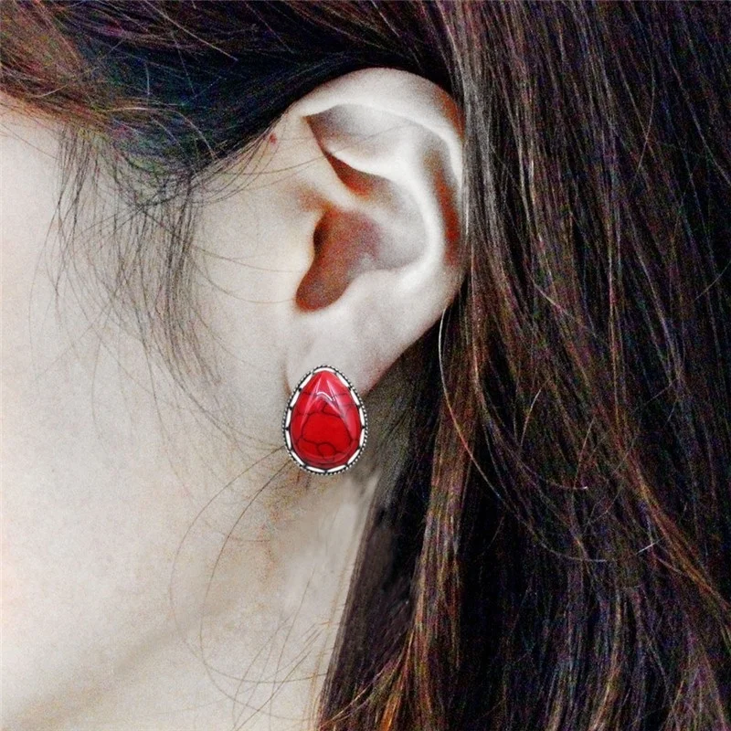 5 Colors Water Drop Stone Earrings Stud Vintage Lady Antique Silver Plated Push-Bback Fashion Jewelry TE509 | Украшения и