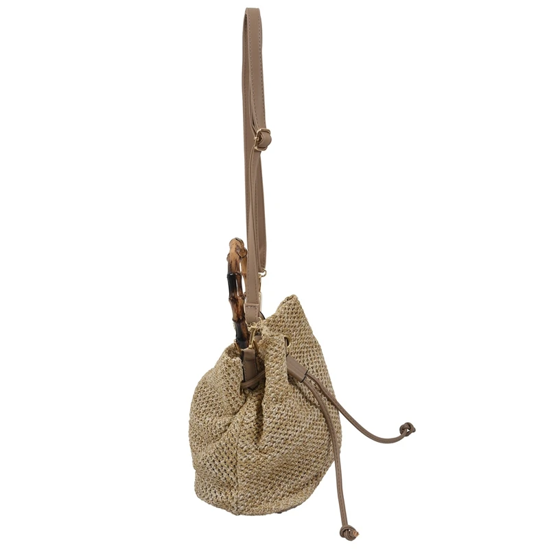 

New Drawstring Women's Straw Bucket Bag Summer Woven Shoulder Bags Shopping Purse Beach Handbag Straw Handbags Travel Bag Tote(K