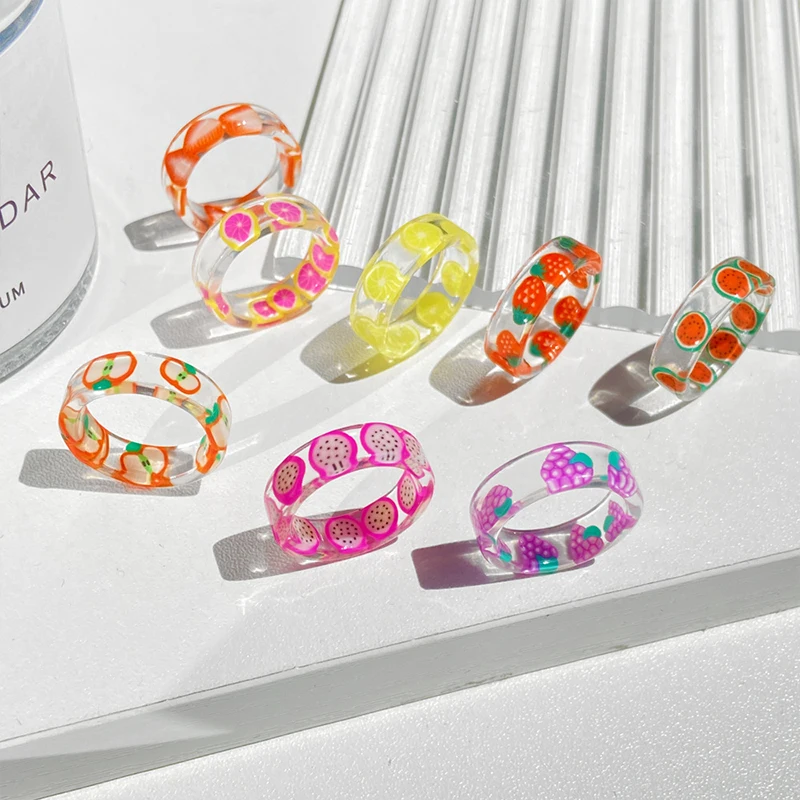 

Korea Colorful Fashion Resin Fruit Ring Set Metal Geometric Irregular Open Rings for Women Party Wedding Jewelry Ring Set