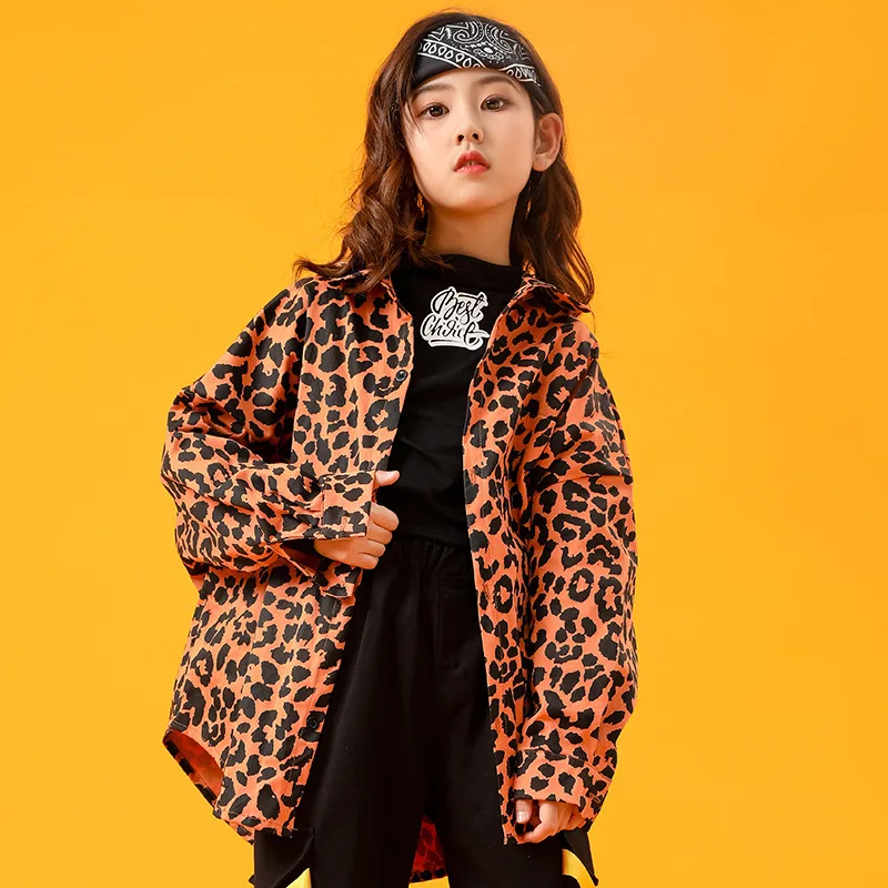 

Kid Cool Hip Hop Clothing Leopard Print Oversized Shirt Top for Girls Boys Jazz Dance Costume Clothes Wear