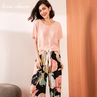 summer pajamas set women sleepwear female casual floral printed contrasting color pyjamas tops with long trousers home clothing