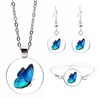 blue butterfly art photo jewelry set glass pendant necklace earring bracelet totally 4 pcs for womens fashion party gift