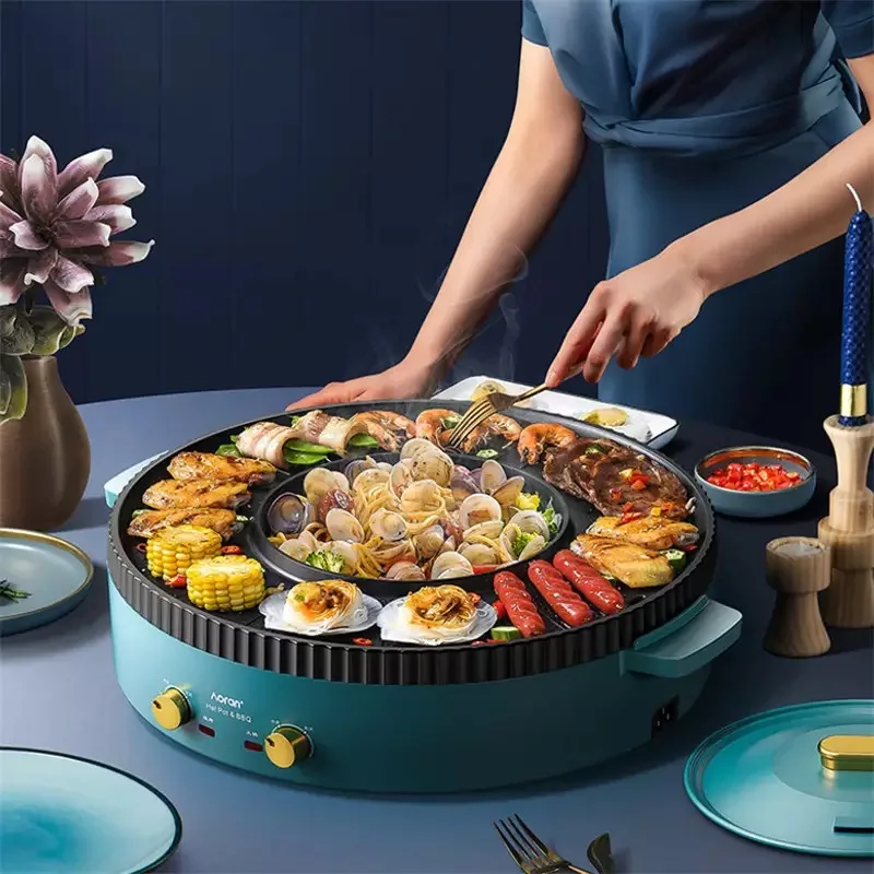 저렴한 BBQ 냄비 전기 팬, 린스 및 그릴 기능 포함, 가족 파티 실내 전자 바베큐 팬, 3 ~ 8 인용