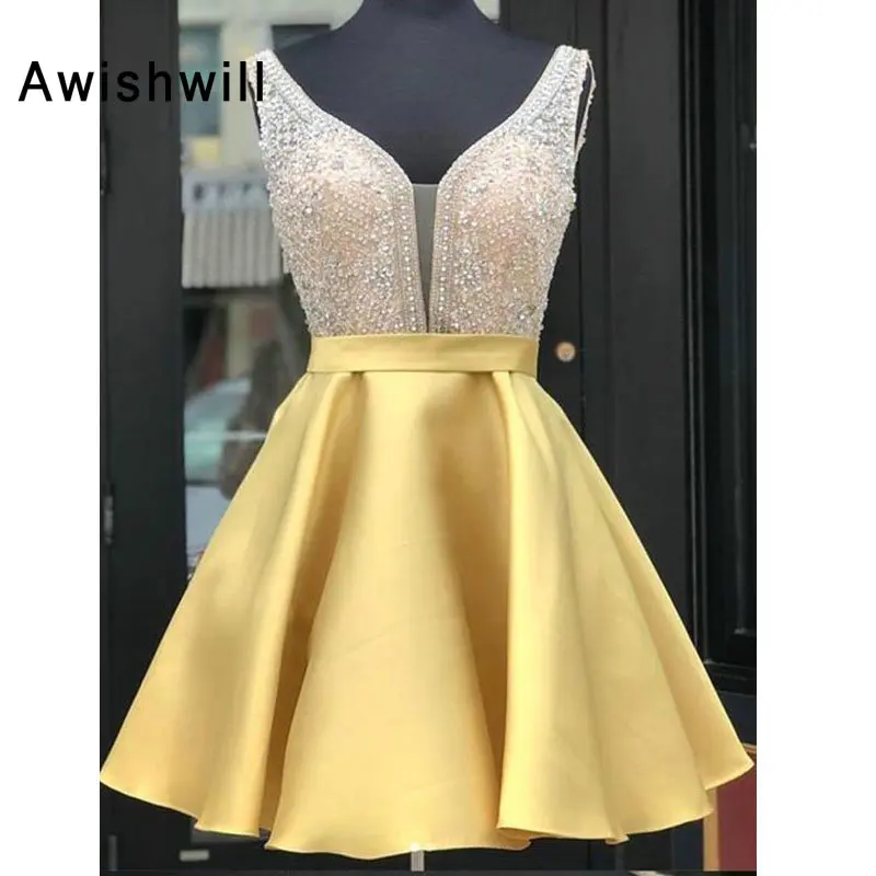 

New Fashion V-neck Beadings Homecoming Dresses 2020 Satin A-line Short Formal Dress Prom Gowns Vestido Curto