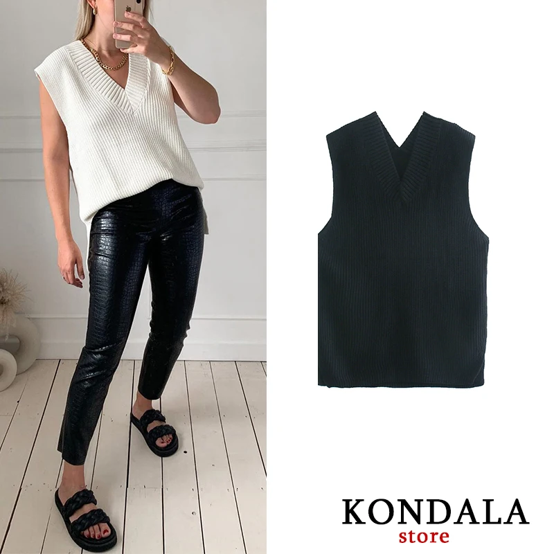

Women's Sweater Za 2020 Cotton Elegand Style Solid White Black Vest Knitted Female Pullover V-Neck Autumn Spring Sweater Vest