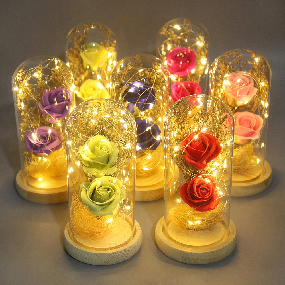 

Beauty Flower with Led Lights Eternal Rose in Glass Christmas Artificial Flowers for Valentine‘s Day Wedding New Year Home Decor