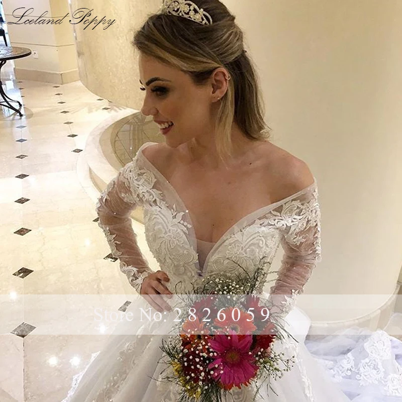 

Lceland Poppy A-line Lace Wedding Dresses Long Sleeves Off the Shoulder V-Neck Floor Length Vestido de Novia Bridal Gowns