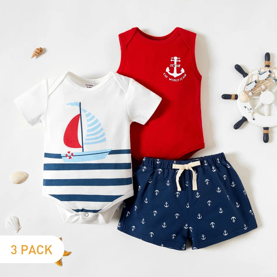 

PatPat New Arrival 3-piece Baby Boy Sailboat Striped Allover Bodysuits for 0-24M Baby Boy Cotton Short-Sleeve Ropmers Sets
