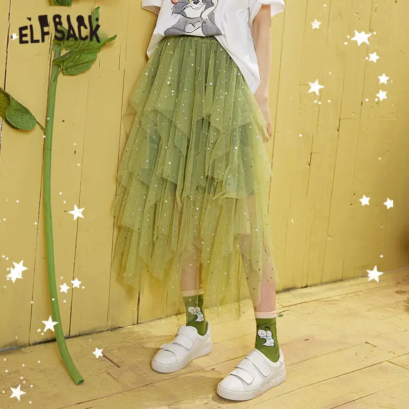 Женская многослойная юбка с блестками ELFSACK зеленая однотонная Повседневная