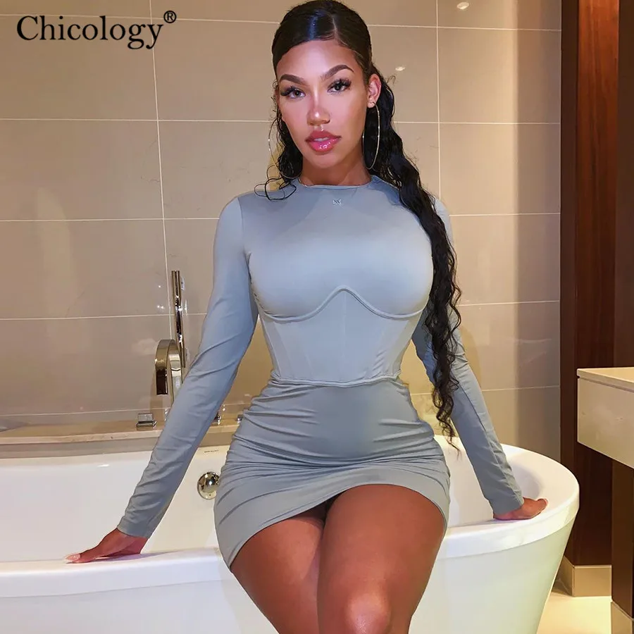 Chicology женское Сплошной мини платье длинным рукавом Лонгслив облегающее обтяжку