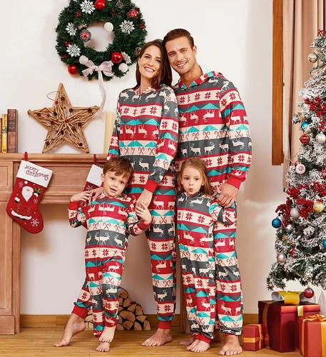 

Christmas Family Parent-child Costume Snowflake Reindeer Hooded Zipper Closure Long-Sleeve Jumpsuit