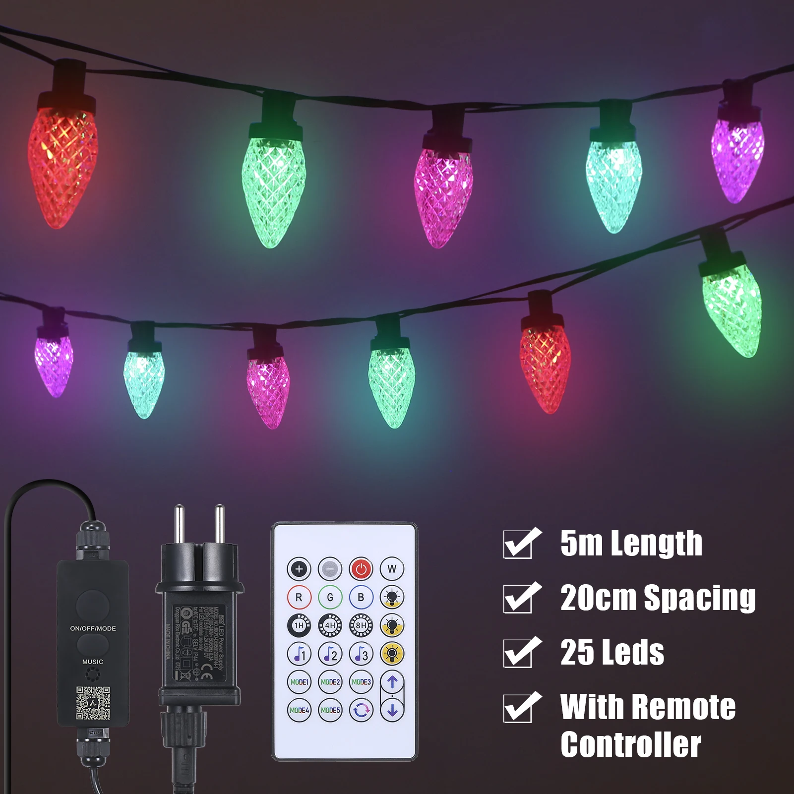 

5m Leds Straberry Lamp String Intelligent Dimmable IP65 Waterproof RGB-Color Lighting Decoration Fairy Light with Remote Control