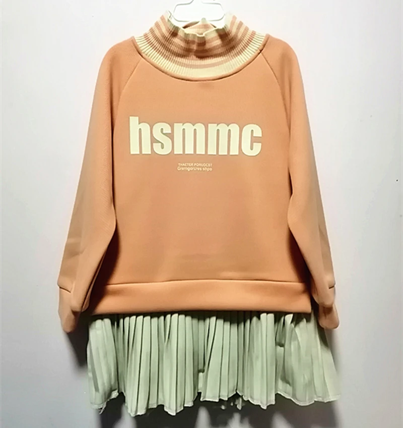 Детская зимняя одежда; Roupa Infantil Menina; свитер для девочек; платье с флисовой подкладкой; теплое платье-рубашка с эластичным воротником в рубчик; плиссированная нижняя часть