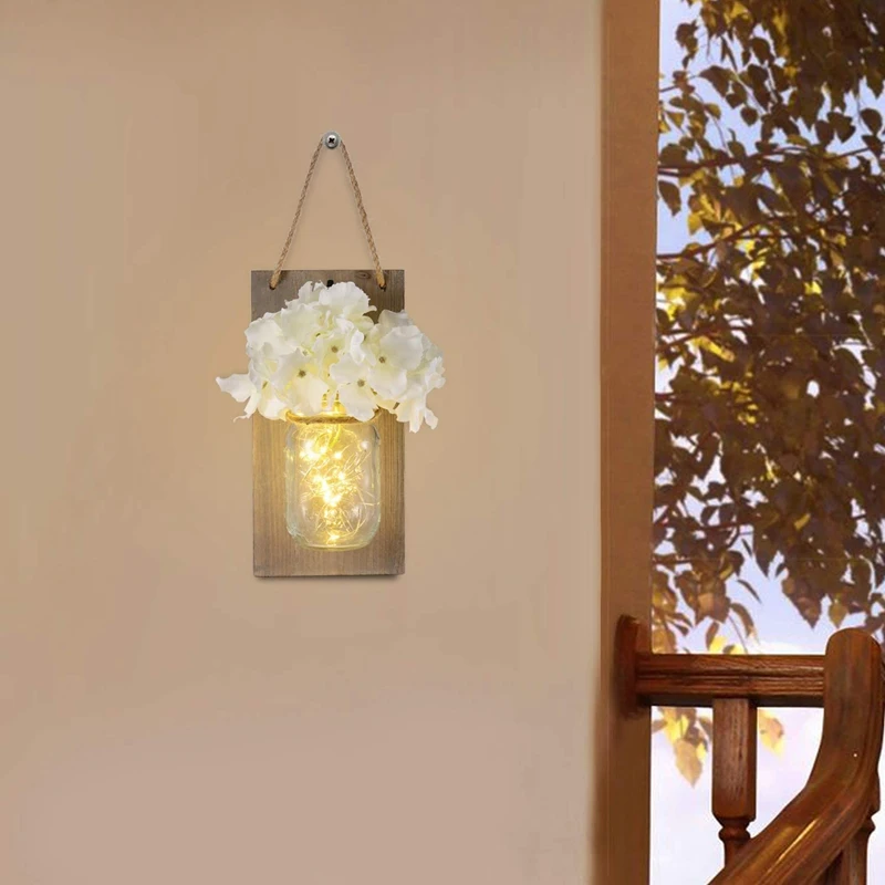 

Mason Jar Wall Lights with Remote Control, Hanging Battery Powered Jar Sconce with LED Fairy Lights (Set of 2)