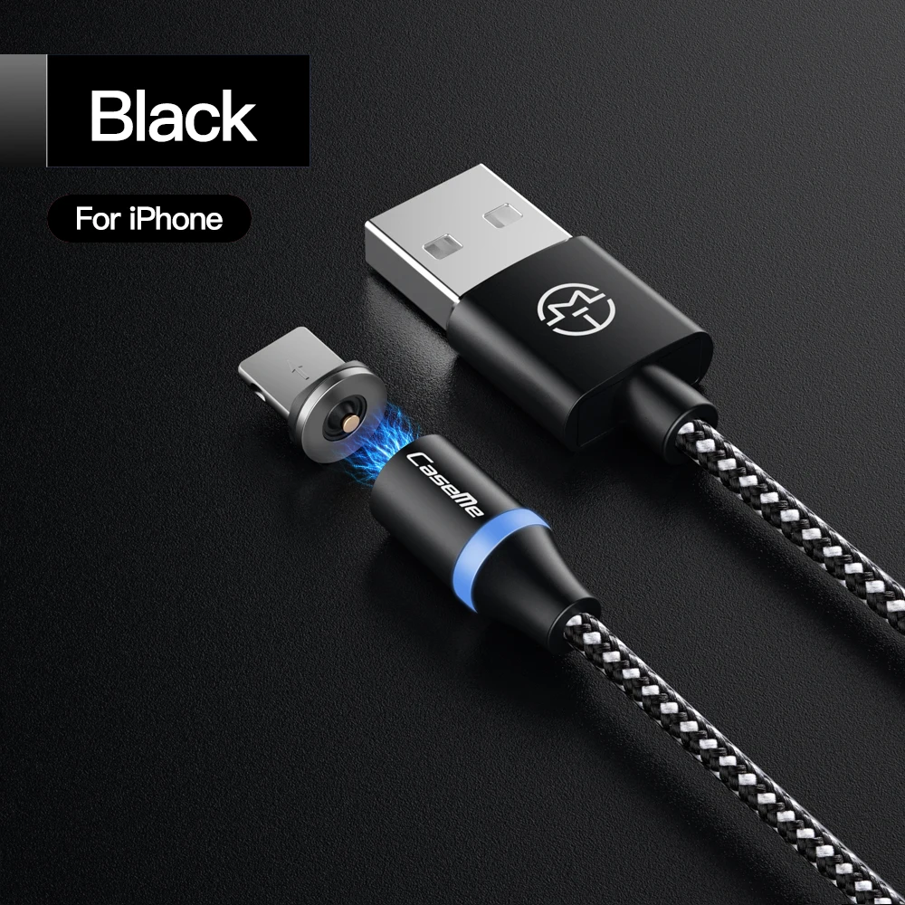 1 м нейлоновый Плетеный светодиодный индикатор Магнитный usb-кабель для быстрой зарядки кабель типа C для передачи данных Магнитный зарядный кабель микро-usb провод - Цвет: Black For iPhone