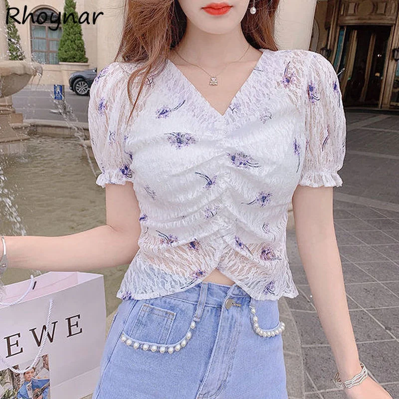 

Blouses Women Flare Sleeve Floral Slim Sexy Summer Thin Cool Sweet French Style Fairy Crop Top Elegant Tender All-match Mujer
