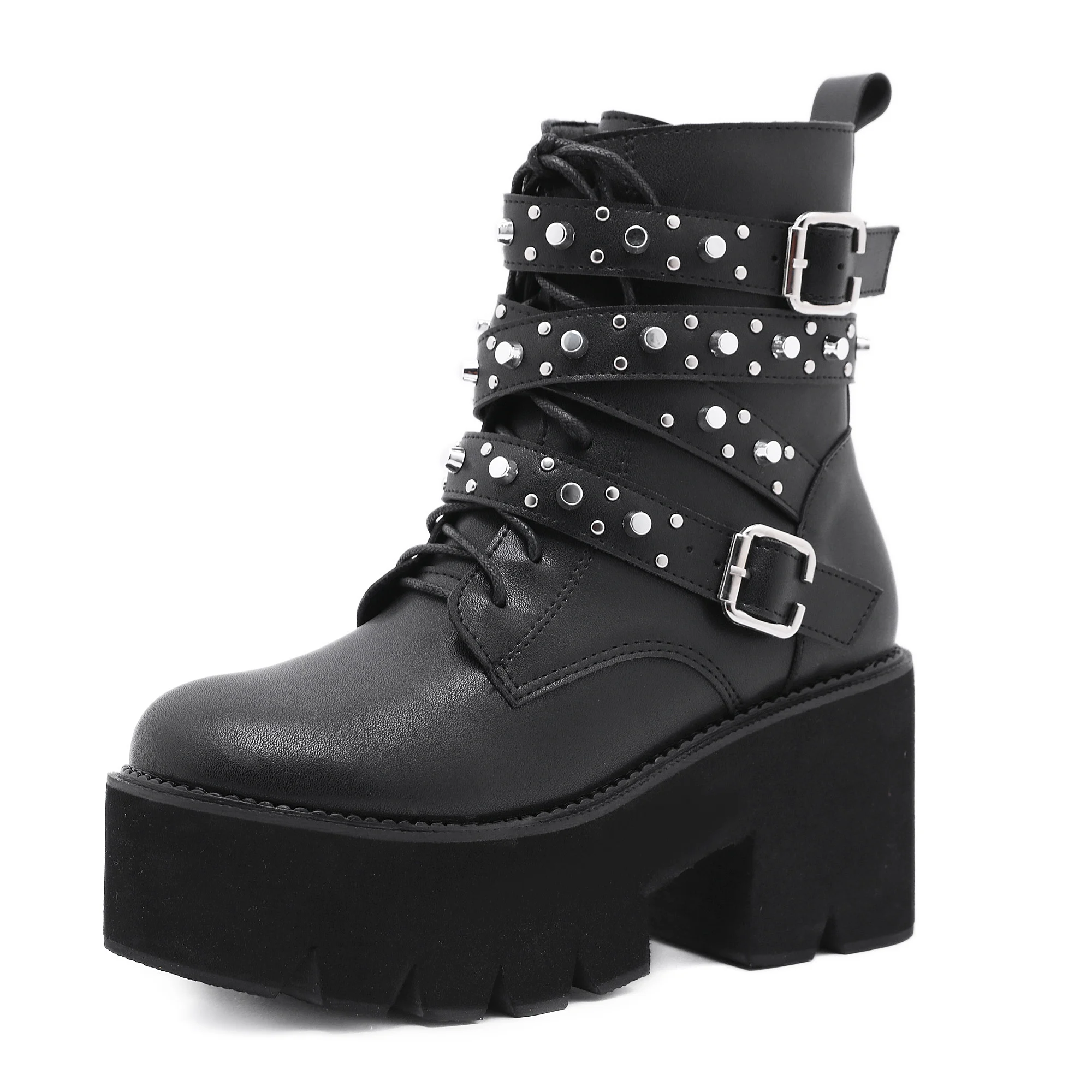 

New Arrival Womens Ankle Boots Rivets Heeled Platform Shoes in Black size 40 41 42 qq049