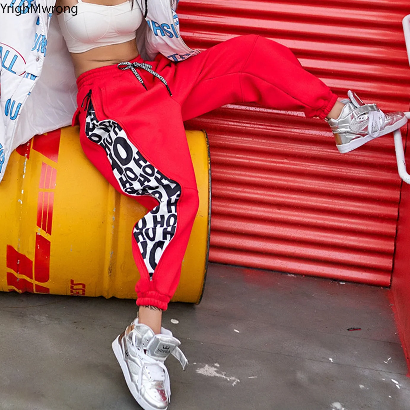 Панк кольцо с заклепками карго карман Письмо Drawstring талия контрастный блок молния