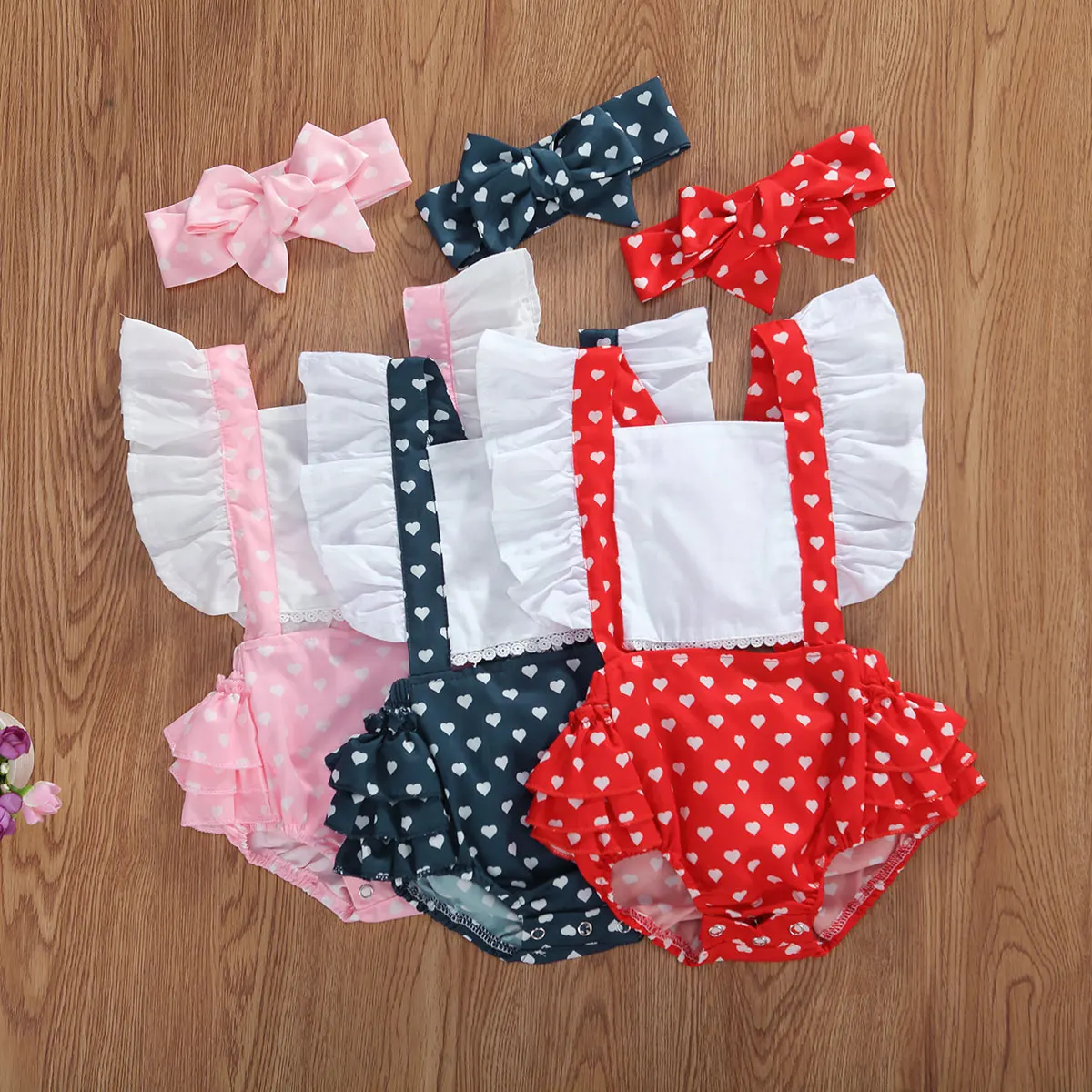 

Pudcoco Newborn Baby Girls Bodysuit Floral Heart Print Babygrow Vest + Headband Soft Ruffles Lace Playsuit 3 Colors for 0-24M
